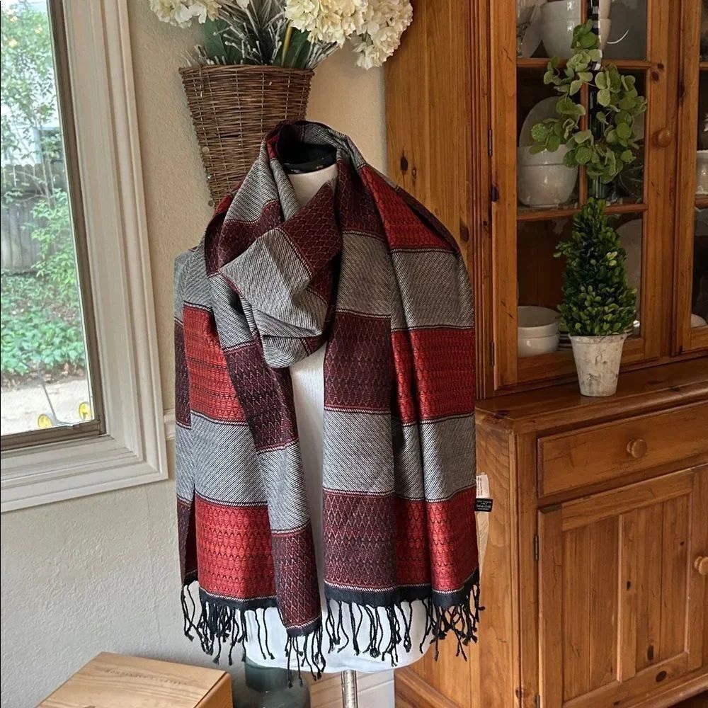 Westside Red and Black 100% Wool Scarf with Fringe NWT